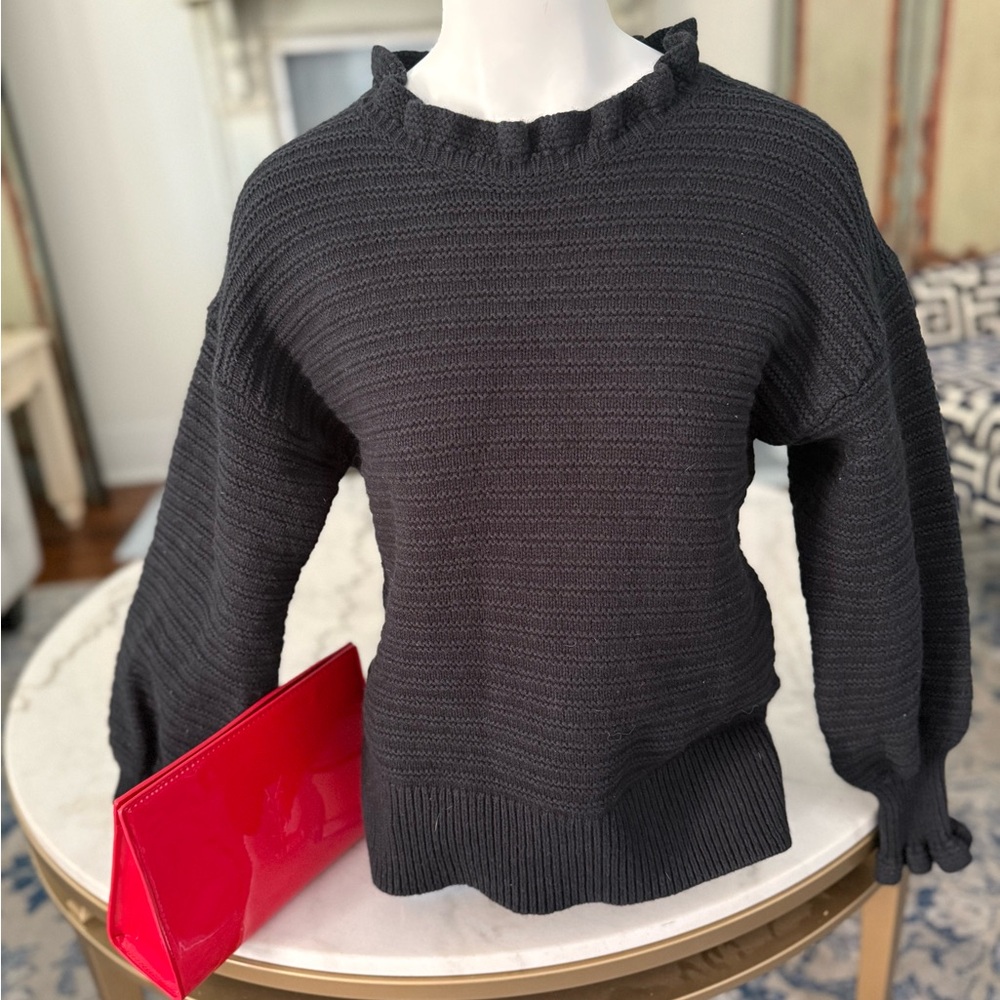 Madewell Black Ruffled Wool Crew Neck Sweater